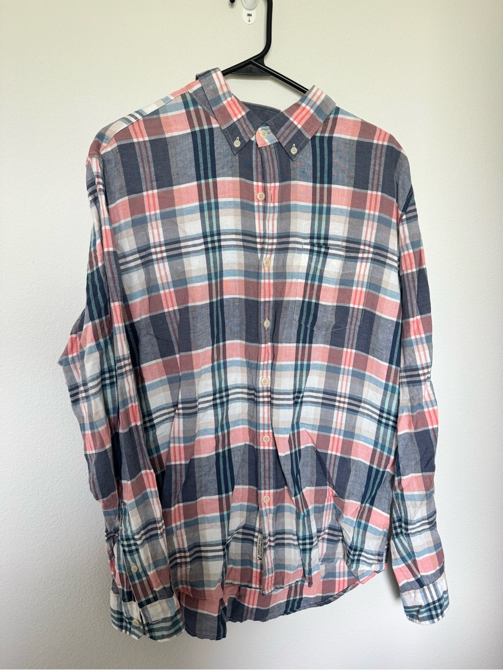 Men's American Eagle Long Sleeve Plaid Button-Up Shirt - Blue & Coral